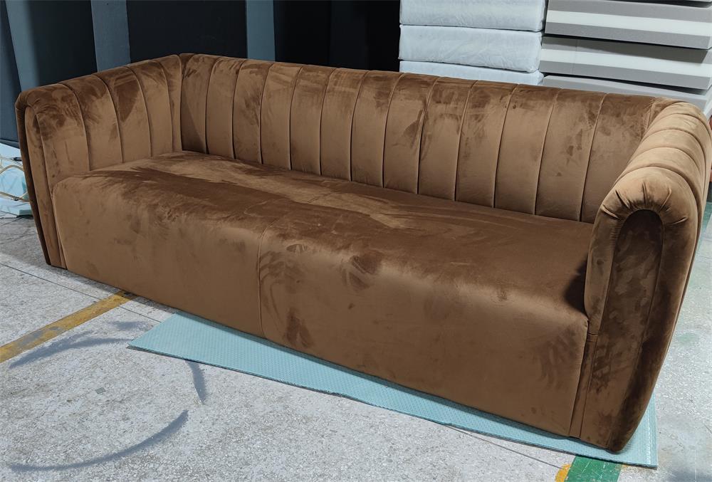 Front view of brown velvet sofa with plush, high-density foam seating, designed for upscale venues such as clubs and hotel lobbies