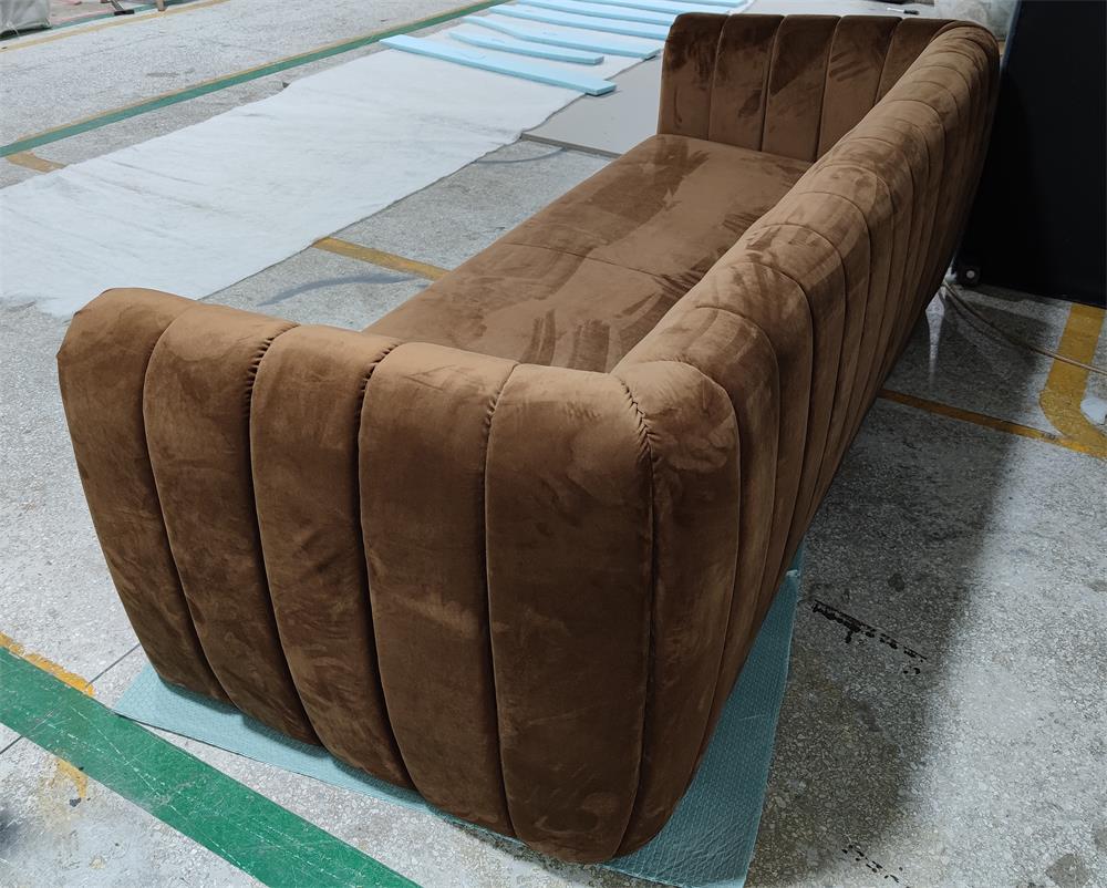 High-quality velvet fabric lounge sofa in elegant brown, showcasing segmented backrest for added style and comfort