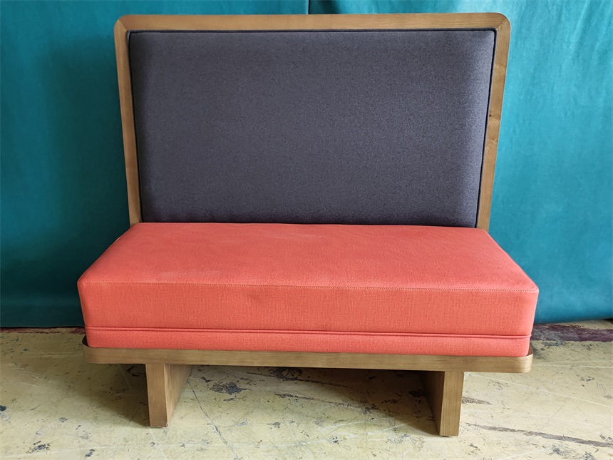 Retro Wood Frame Café Booth Seat - Gray and Orange Upholstery for Coffee Shops