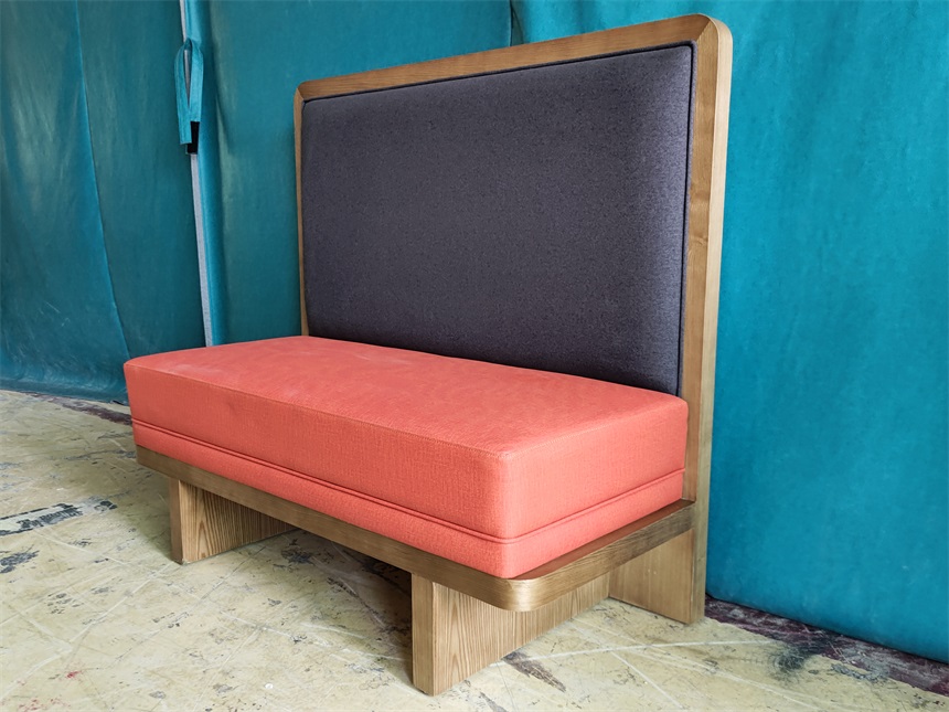 Retro Wood Frame Café Booth Seat – Gray and Orange Upholstery, Perfect for Coffee Shops & Restaurants
