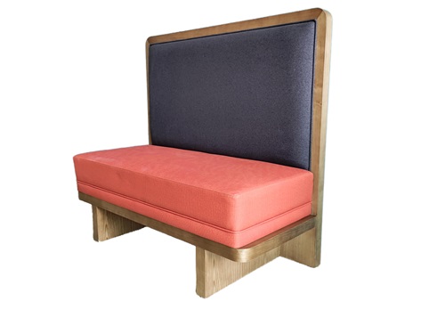 Modern Retro Wood Frame Booth Seat – Gray Backrest with Orange Cushion, Perfect for Cafés