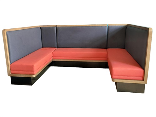U-Shaped Hot Pot Restaurant Booth Seating - Wood Frame, Gray Backrest, and Orange Seat Cushion