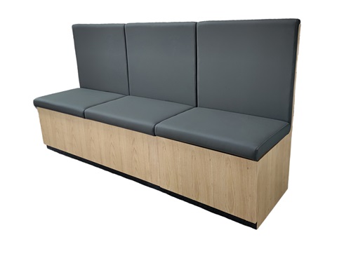 Restaurant Booth Seating – Customizable Gray Upholstered Banquette with Wood Base