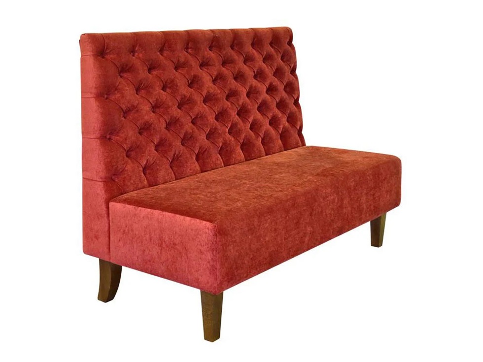 Luxurious Red Velvet High-Back Restaurant Booth Seating - Elegant Diamond Quilted Design, Wooden Legs