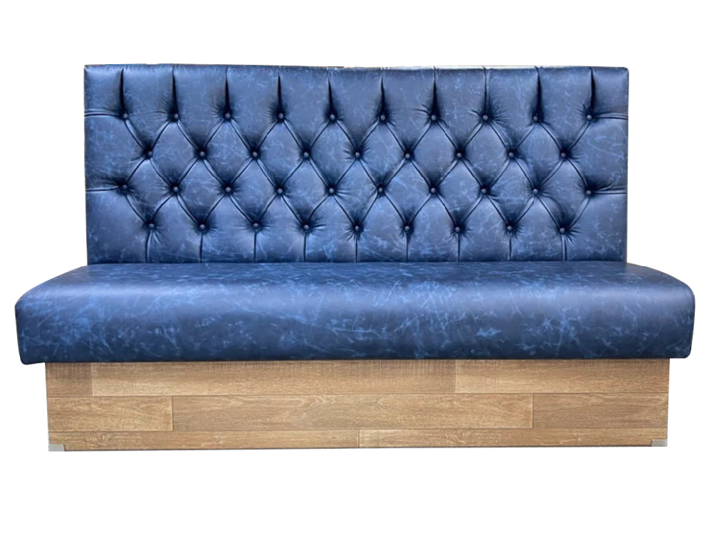 Vintage Blue Leather Button-Tufted Booth Sofa - Wooden Base for Restaurants