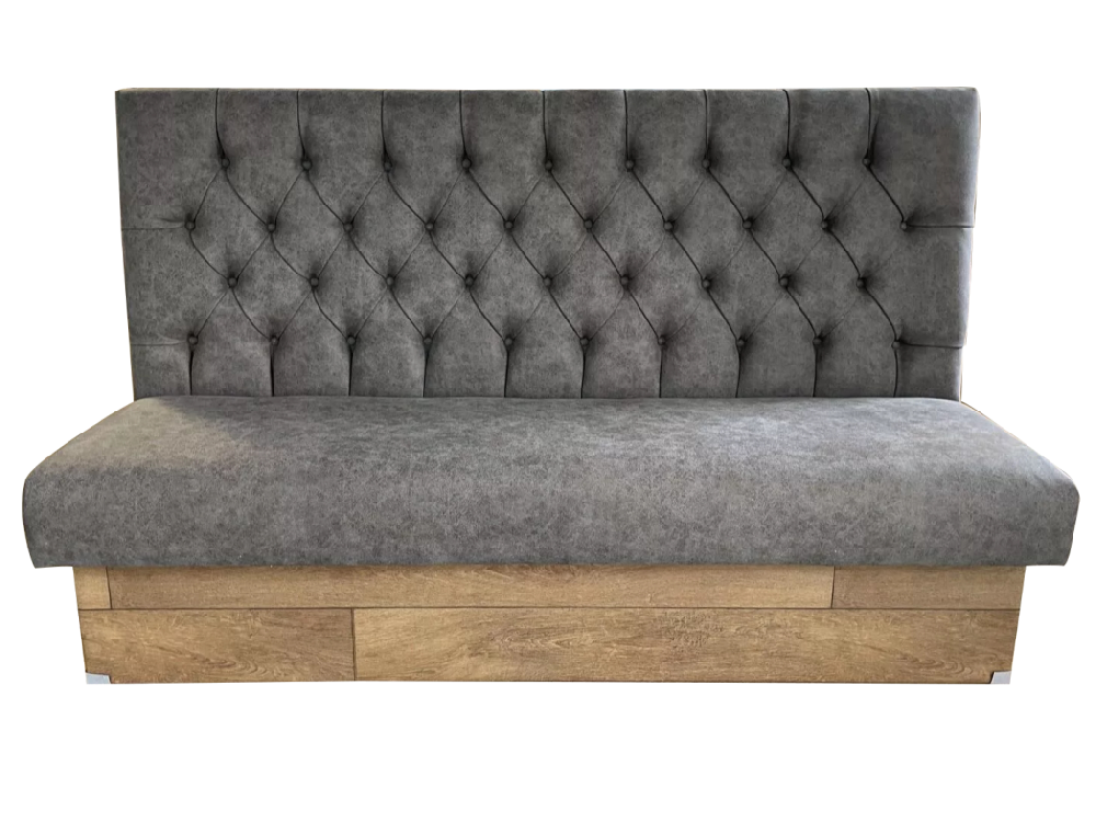 Gray Tufted Leather Banquette Seating – Modern Cafe Booth with Wooden Base