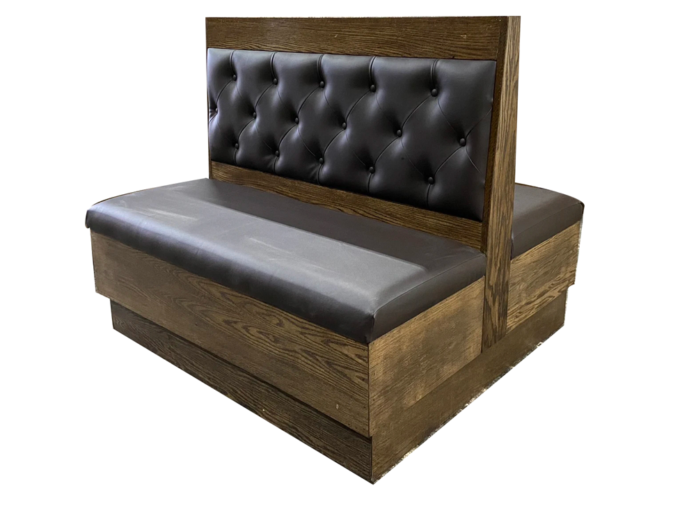 Double-Sided Restaurant Booth Seating with Tufted Black Vinyl Upholstery and Wooden Base