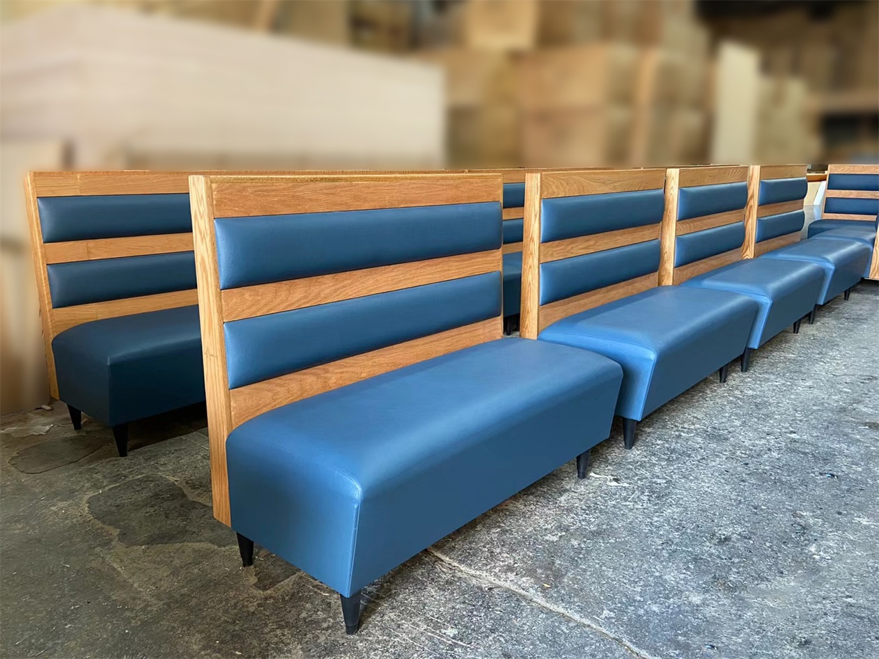 Modern Wooden Back Booth Seating with Blue Upholstery for Coffee Shops & Restaurants