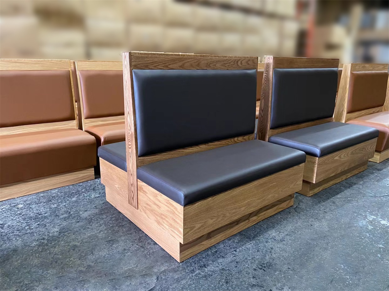 Wooden Restaurant Booth Seating – Upholstered Banquette with Black Leather & Oak Frame