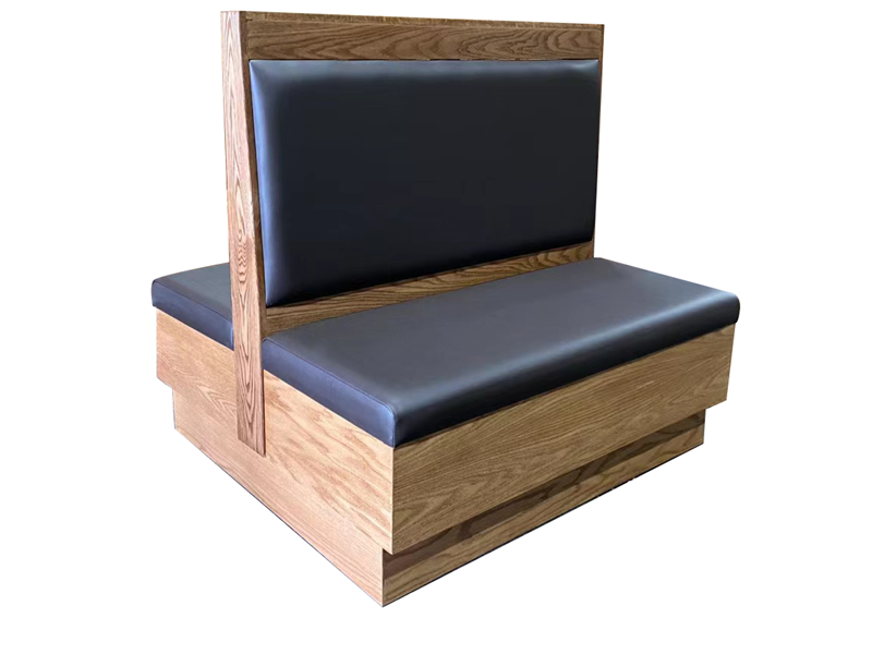 Wooden Restaurant Booth Seating – Upholstered Banquette with Black Leather & Oak Frame