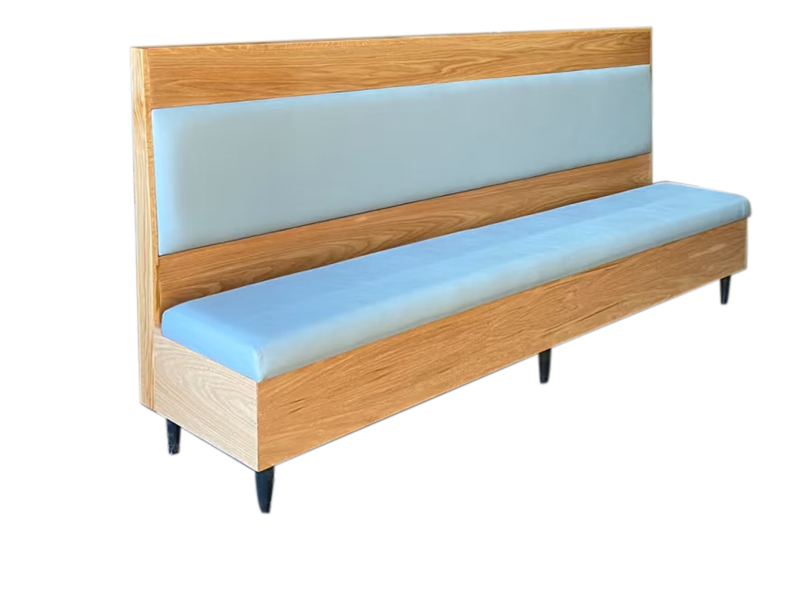 Modern Wooden Frame Restaurant Booth with Light Blue Upholstered Seat – Commercial Banquette Seating