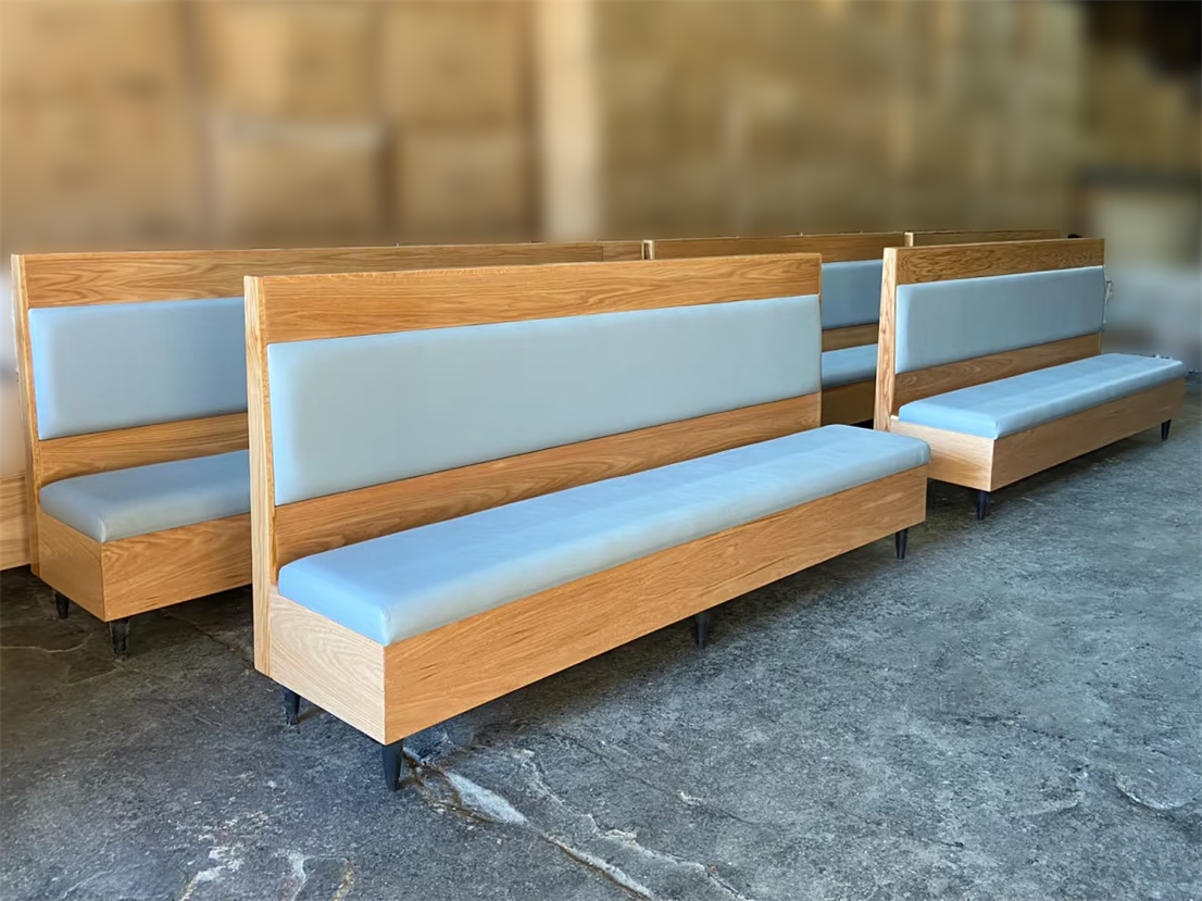 Modern Wooden Frame Restaurant Booth with Light Blue Upholstered Seat – Commercial Banquette Seating