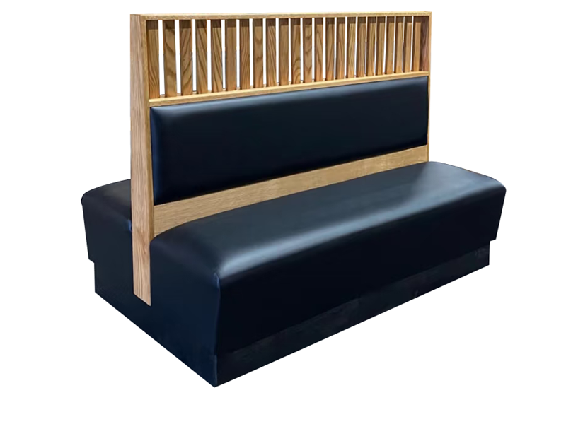 Modern Double-Sided Restaurant Booth with Wood Partition & Black Upholstered Seating