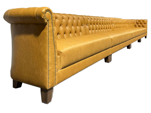 Custom Long Leather Tufted Booth Sofa with Vintage Nailhead Trim - Commercial Grade