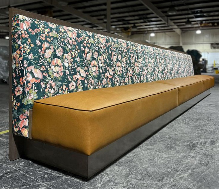 Modern Floral Upholstered Restaurant Seating with Leather Bench Accents