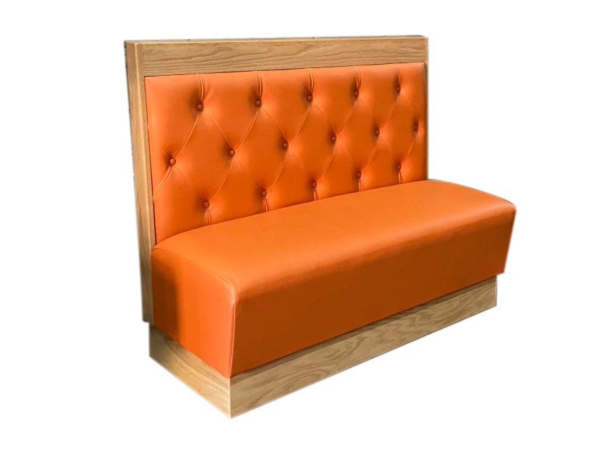 Modern Upholstered Restaurant Booth Seating – Orange Vinyl with Wooden Base for Cafes & Coffee Shops
